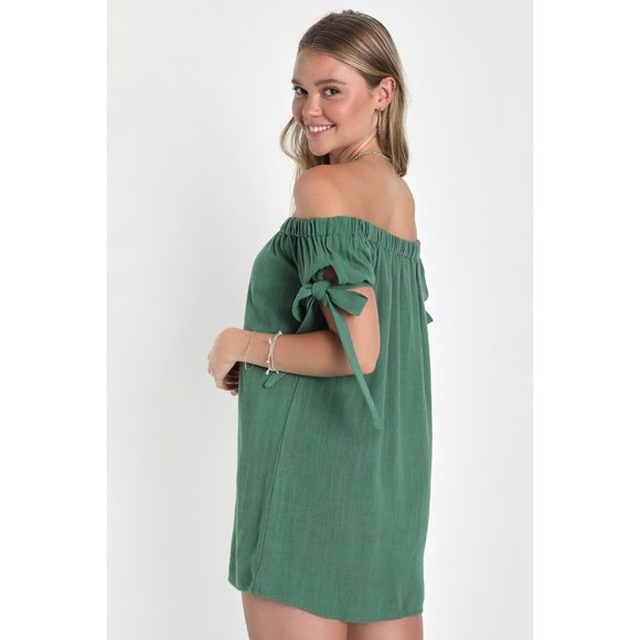 Lulus Al Fresco Evenings Off The Shoulder Dress Womens S Green Rayon Summer NEW - Picture 2 of 12